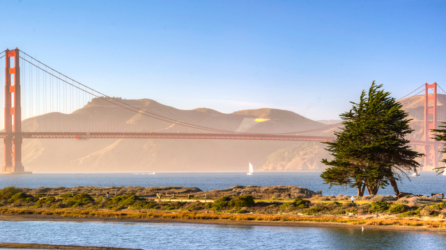The Golden Gate Bridge as viewed from Crissy Field. The bay waters can be seen with sailboats about, as well as Crissy Marsh and the Marin Headlands.