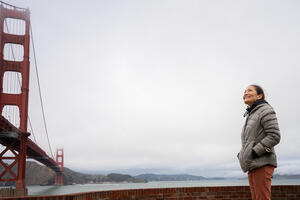 Secretary of the Interior Deb Haaland gazing at the Golden Gate Bridge