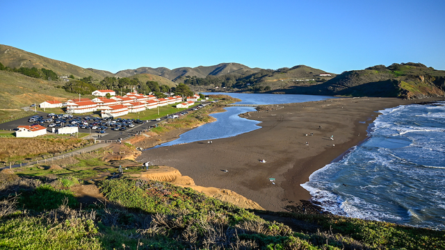 Scenic landscape view of Fort Cronkhite, Rodeo Beach, and the Marin Headlands.