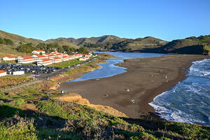 Scenic landscape view of Fort Cronkhite, Rodeo Beach, and the Marin Headlands.