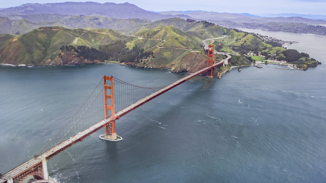 Aerial of the Golden Gate Bridge, Marin Headlands and Fort Baker.