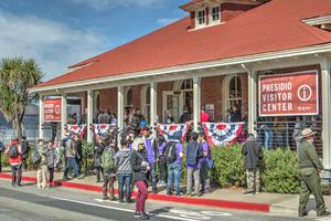 In February 2017, park visitors and members of the community gathered for the opening of the new William Penn Mott, Jr. Presidio Visitor Center. The new center is located on the Main Post, in view of the Golden Gate Bridge