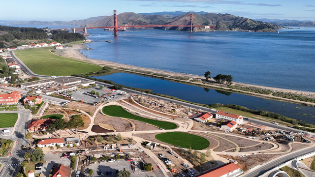 An aerial view of Presidio Tunnel Tops, connecting the Presidio to Crissy Field and the Golden Gate.