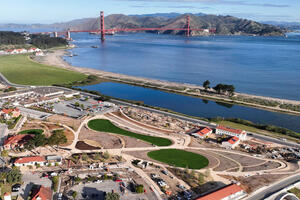 An aerial view of Presidio Tunnel Tops, connecting the Presidio to Crissy Field and the Golden Gate.