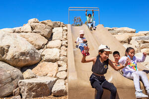 Kids at play having fun on the slide at the Presidio Tunnel Tops Outpost