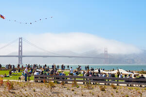 The Golden Gate Bridge spans the scenic view from the Tunnel Tops on a beautiful opening day.
