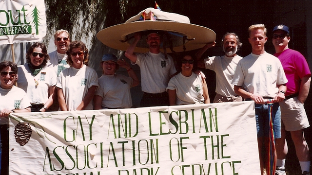 Historic image of giant ranger flat hat at SF Pride Parade.