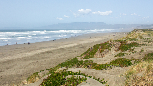 View of Ocean Beach looking northward towards Mt. Tam and the Marin Headlands.