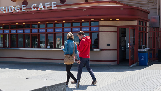 A couple walking toward the Bridge Cafe