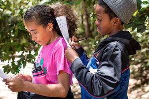 Children take a nature quiz during their hike with Latino Outdoors to Muir Woods National Monument.