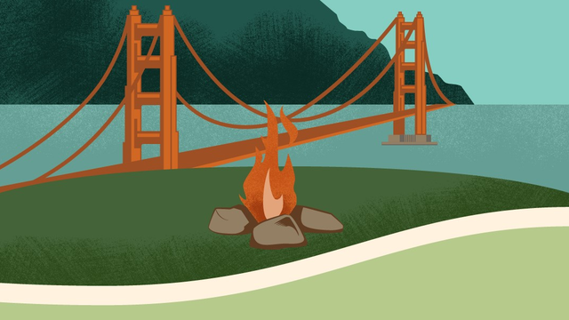 Illustration of the Campfire Circle at the Presidio Tunnel Tops with the Golden Gate Bridge in the background. 