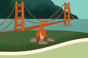 Illustration of the Campfire Circle at the Presidio Tunnel Tops with the Golden Gate Bridge in the background. 