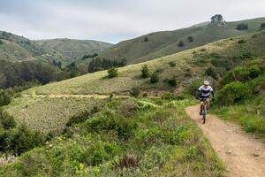 Cyclist pedals above Muir Beach