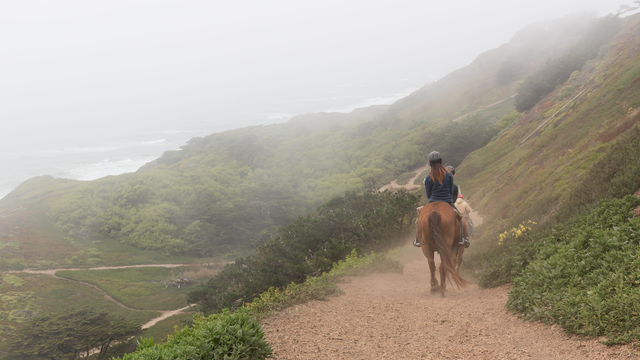 Equestrians ride through foggy Fort Funston
