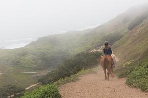 Equestrians ride through foggy Fort Funston