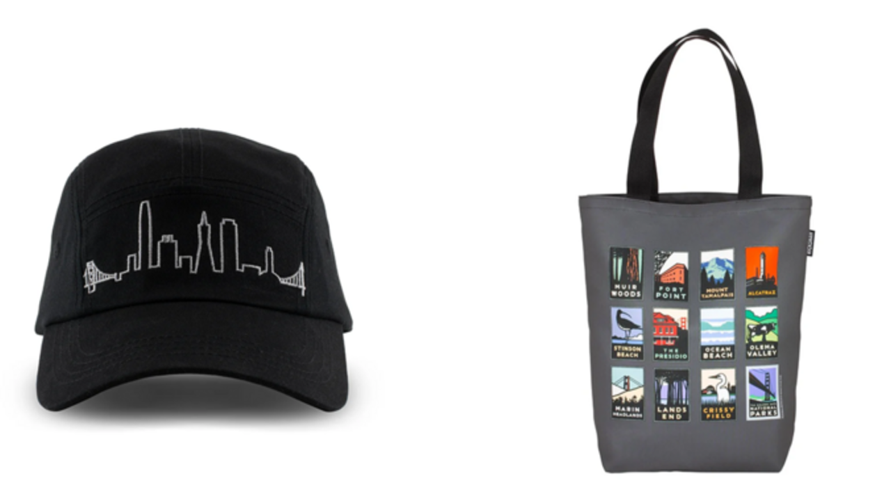 Hat with San Francisco skyline and tote bag with several park images.