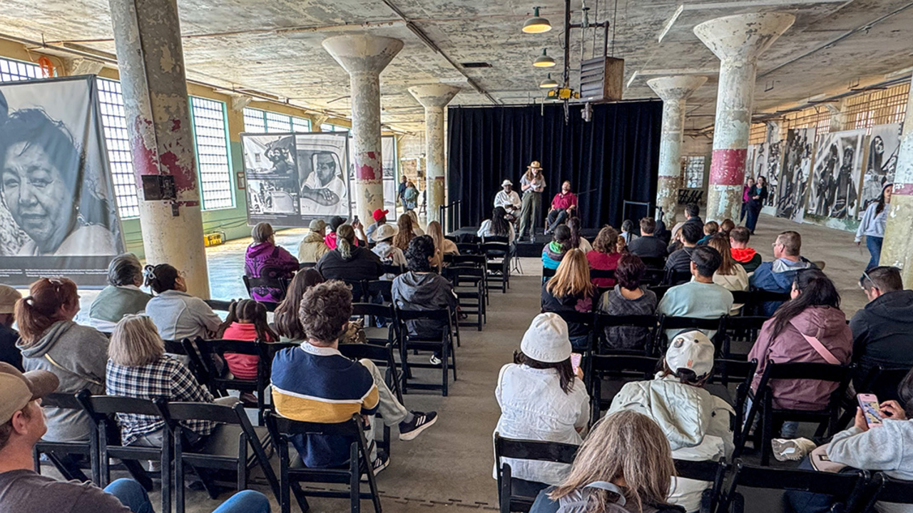 Crowd on Alcatraz Island for a Formerly Incarcerated Speaker Series event.