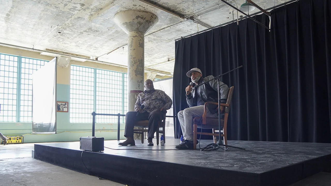 Two people speaking at the Formerly Incarcerated Speaker Series Event on Alcatraz