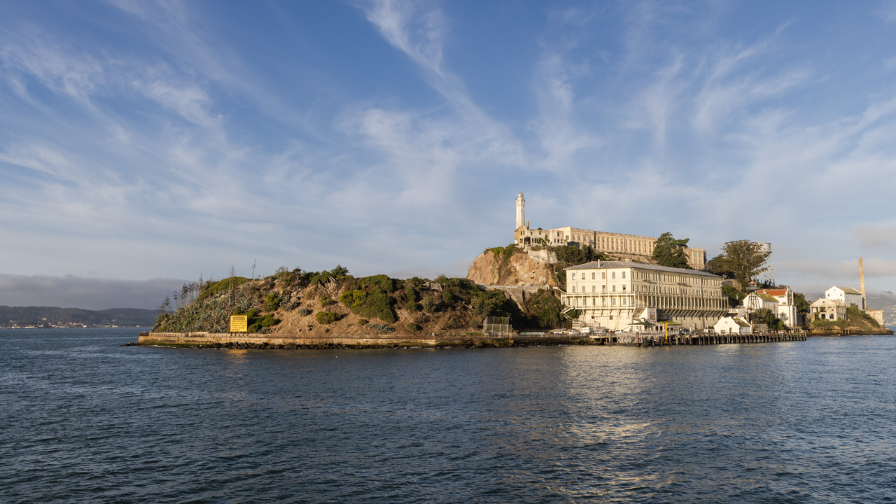 View of Alcatraz Island from a ferry on a nice sunny day