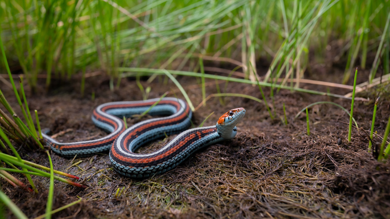 A colorful San Francisco garter snake in the grass with red, black, and turquoise stripes.