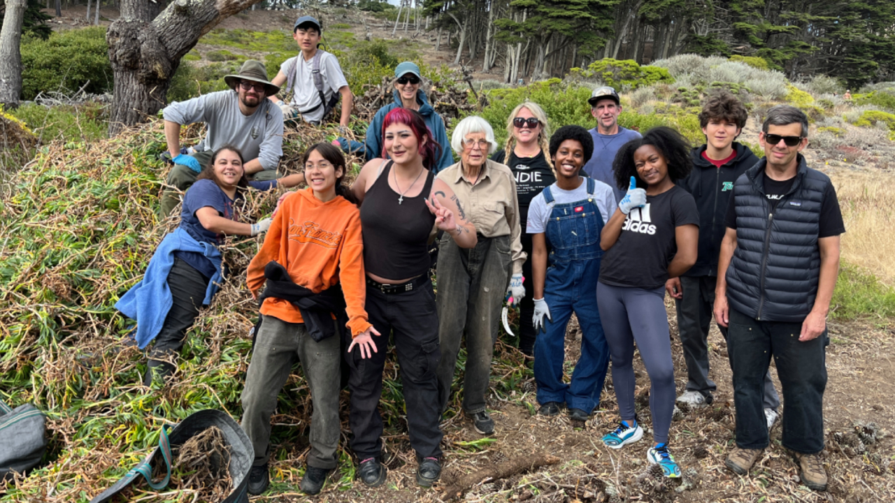A group of volunteers smile for a photo in front of the invasive plants they have removed.