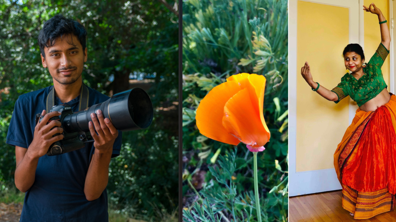 One artist poses for a photo holding their camera and one artist poses next to a California poppy performing a traditional South Asian dance. 