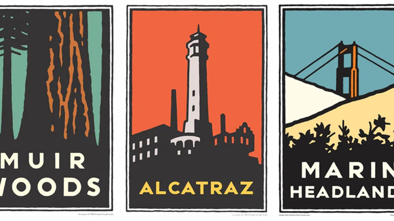 Iconic park images from Muir Woods, Alcatraz, and the Marin Headlands.