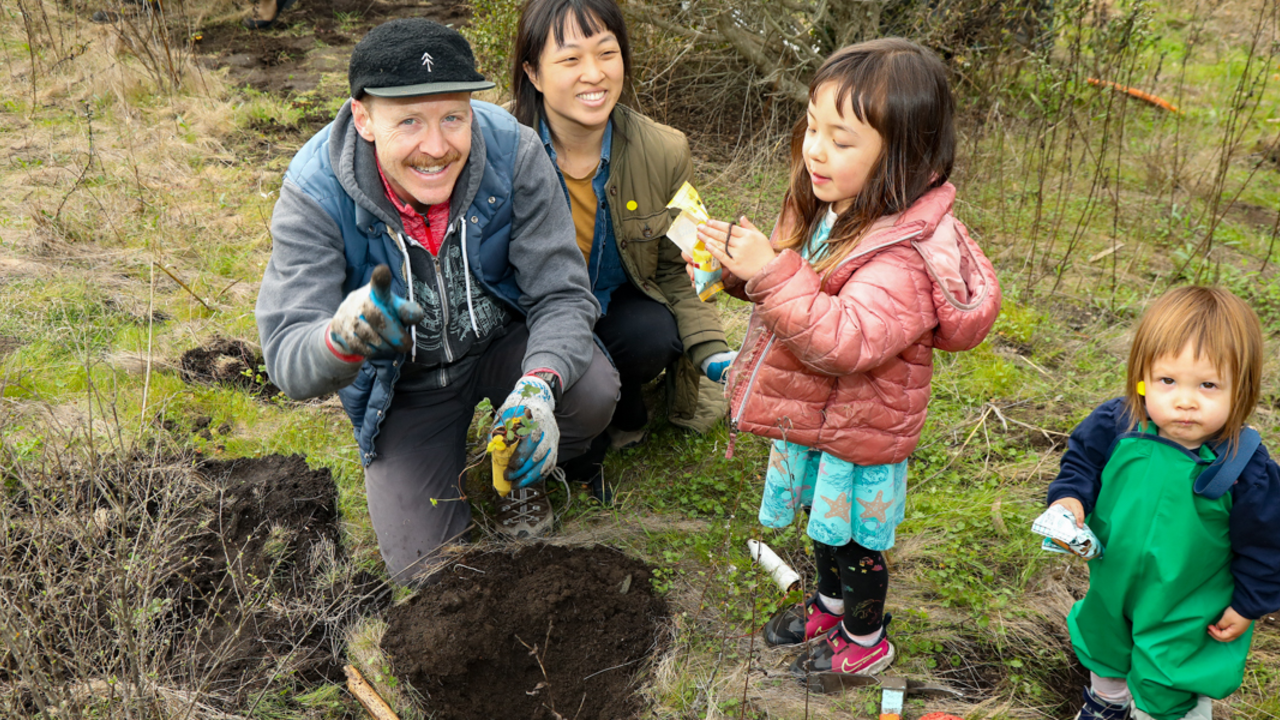A family volunteering, planting native plants in a grassy area of the Presidio in San Francisco during MLK Day of Service.