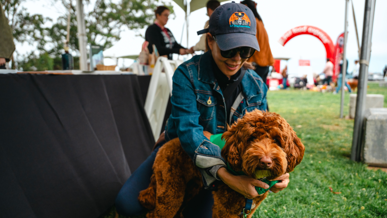 A park visitor kneels with their dog at Crissy Field.