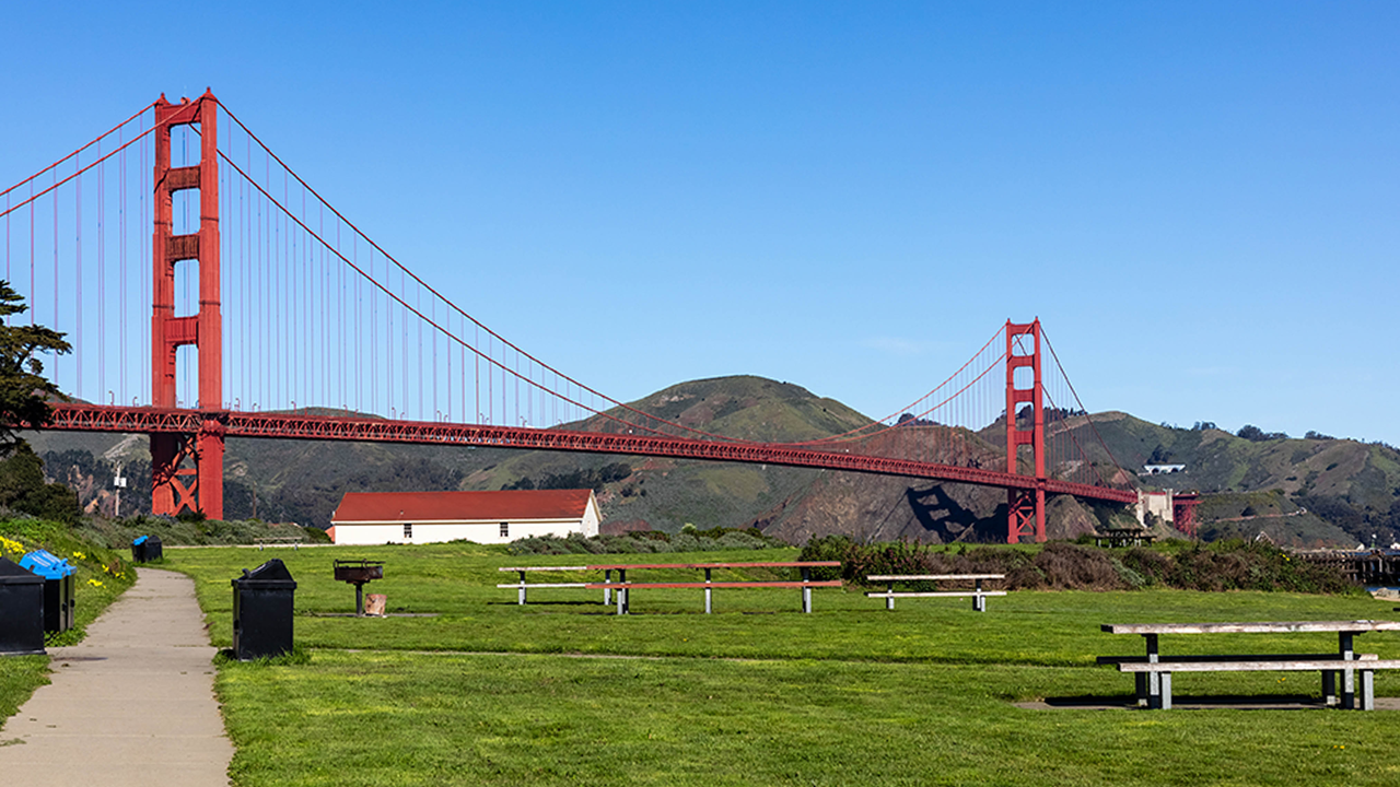 The Golden Gate Bridge is seen from Crissy Field after the area was transformed, in 1998.
