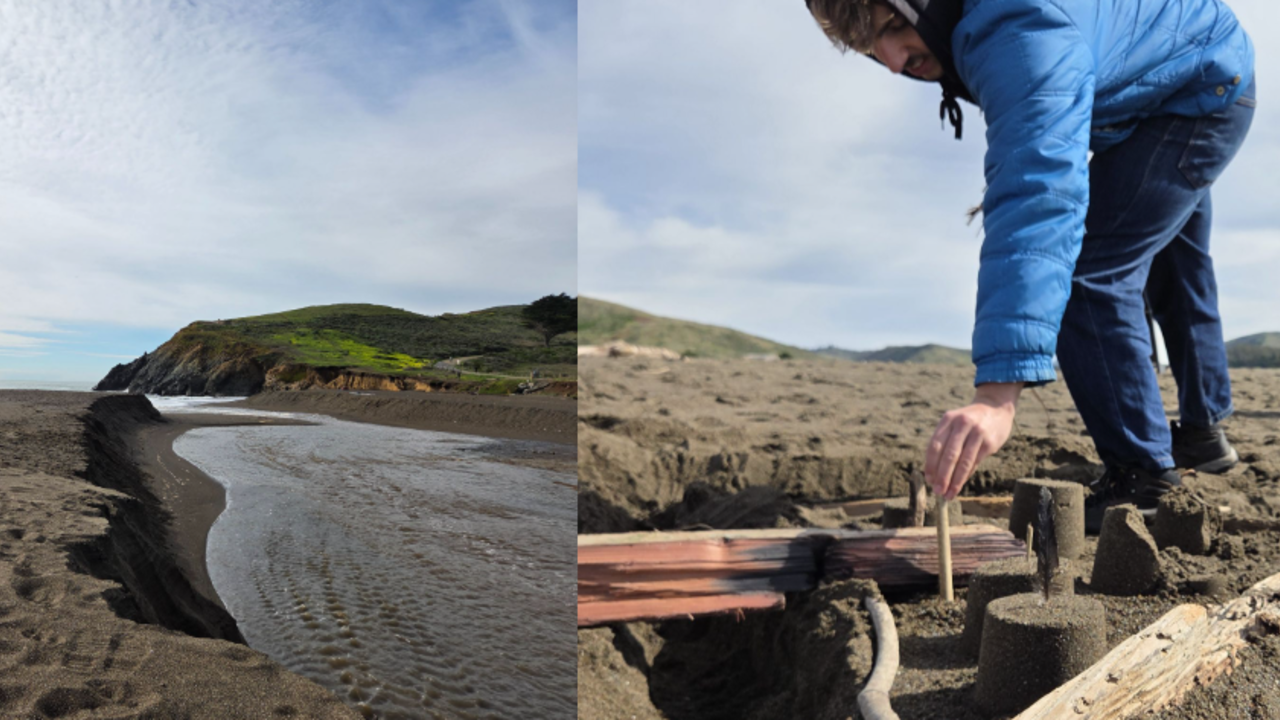 Community member constructing sandcastle coastal community at Rodeo Beach 