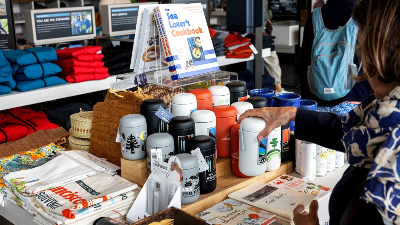 A park visitor at a merchandise display at Lands End Lookout in San Francisco, displaying various mugs, books, and apparel.