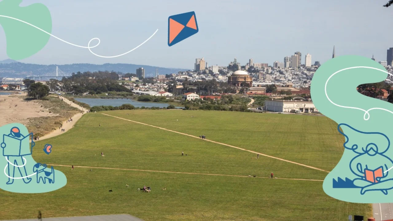 A scenic photo overlooking Crissy Field on a beautiful day with illustrated elements depicting various recreational activities such as reading and kite flying.