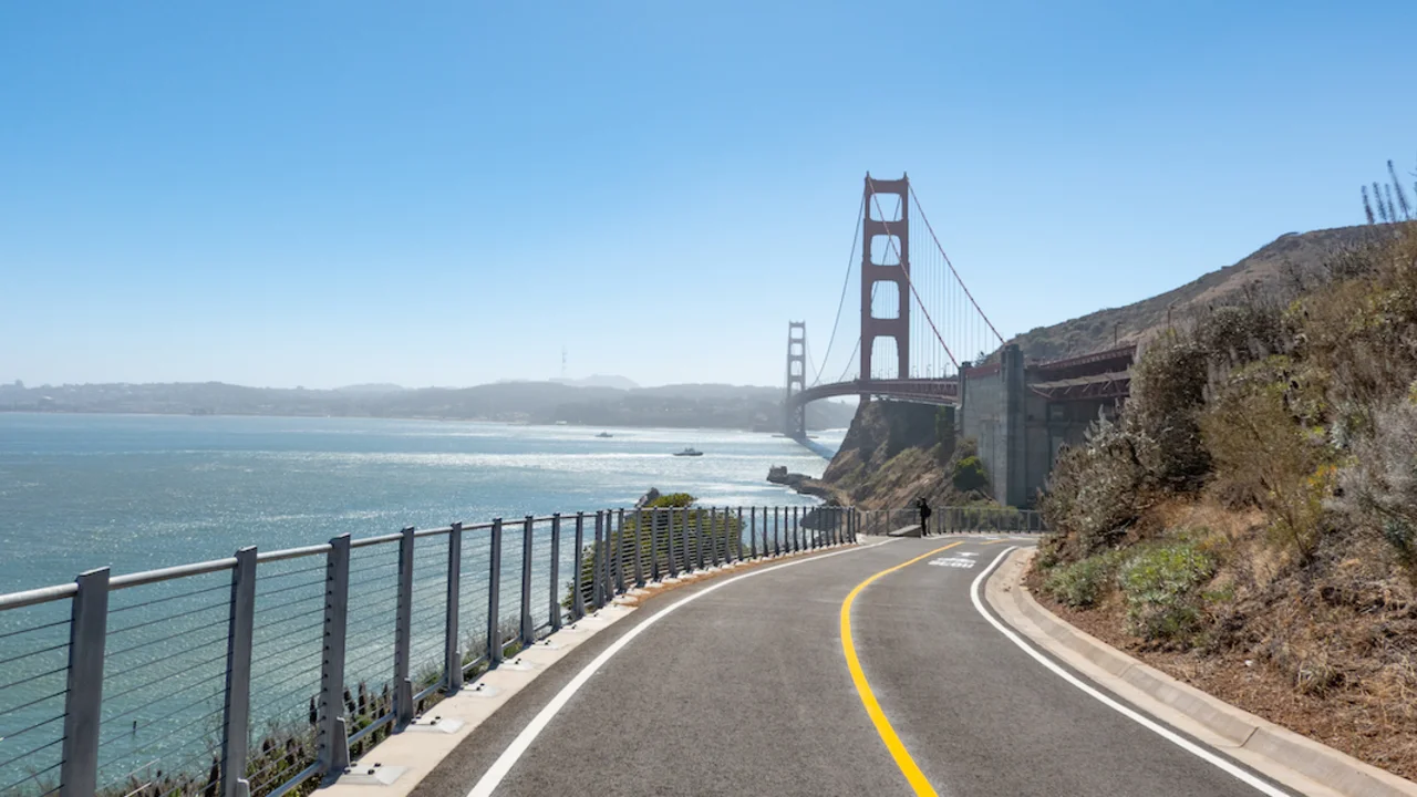 Vista Point Trail, a paved bike and pedestrian path, stretches out towards the Golden Gate Bridge. 