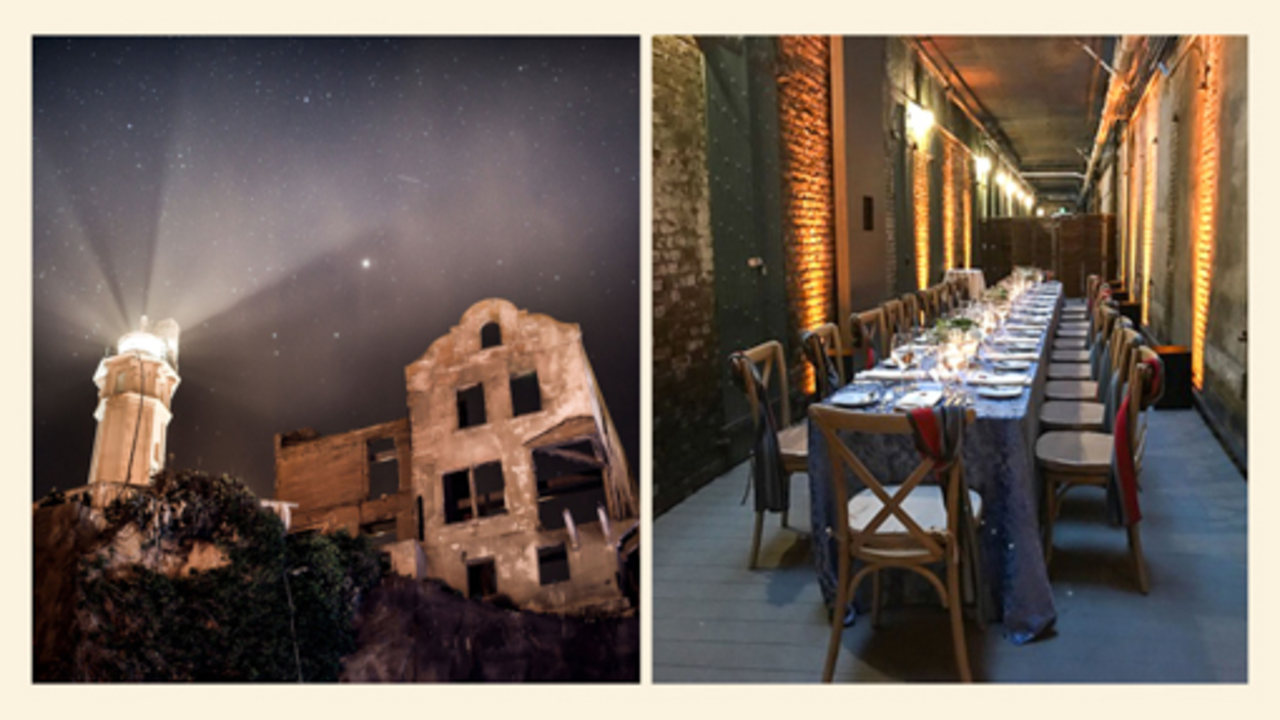 A view of Alcatraz at night, and an elegant dining table set in China Alley.