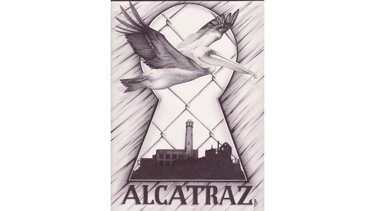 Illustration of Alcatraz as seen through a keyhole, behind a chain link fence as a pelican flies by Illustration of Alcatraz as seen through a keyhole, behind a chain link fence as a pelican flies by
