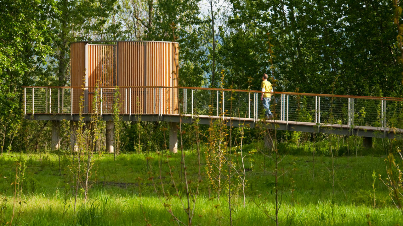 an elliptical bird blind A person walks up a ramp toward an elliptical wooden structure