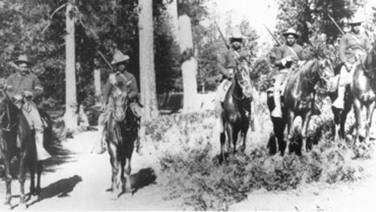 Soldiers of the 24th Infantry on mounted patrol in Yosemite National Park, c. 1899. 