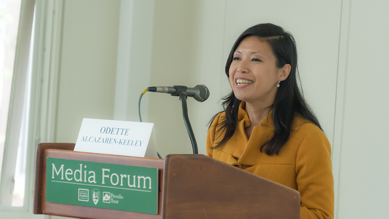 Odette Alcazaren-Keeley speaks at the “Welcoming All” Presidio Tunnel Tops forum. Odette Alcazaren-Keeley, Board Trustee, Golden Gate National Parks Conservancy