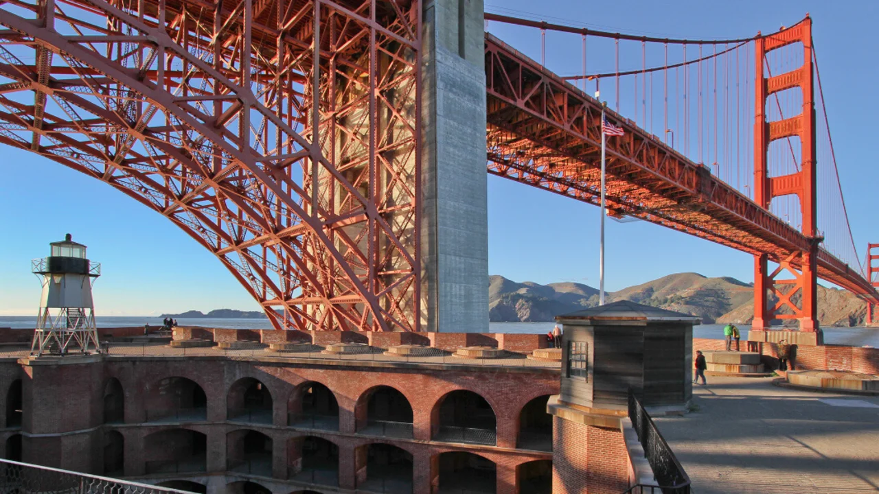 View of the Golden Gate Bridge and the top of Fort Point National Historic Site set against a blue sky