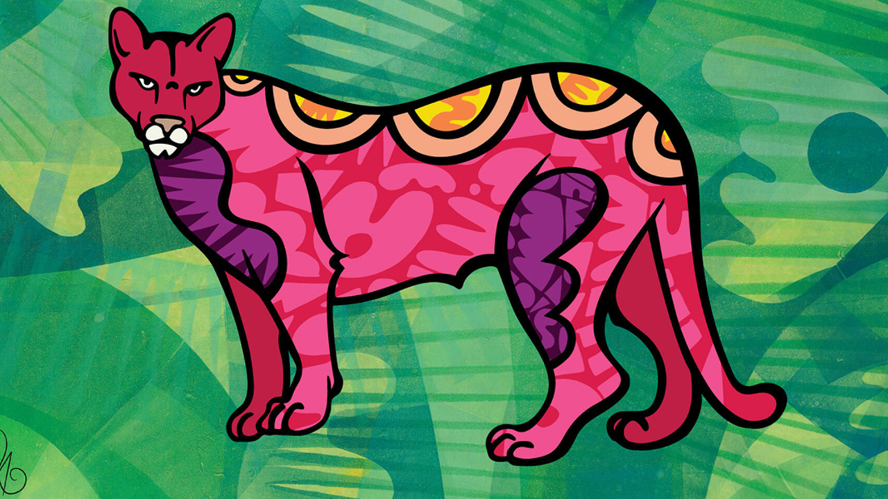 Graphical illustration of a mountain lion from Favianna Rodriguez