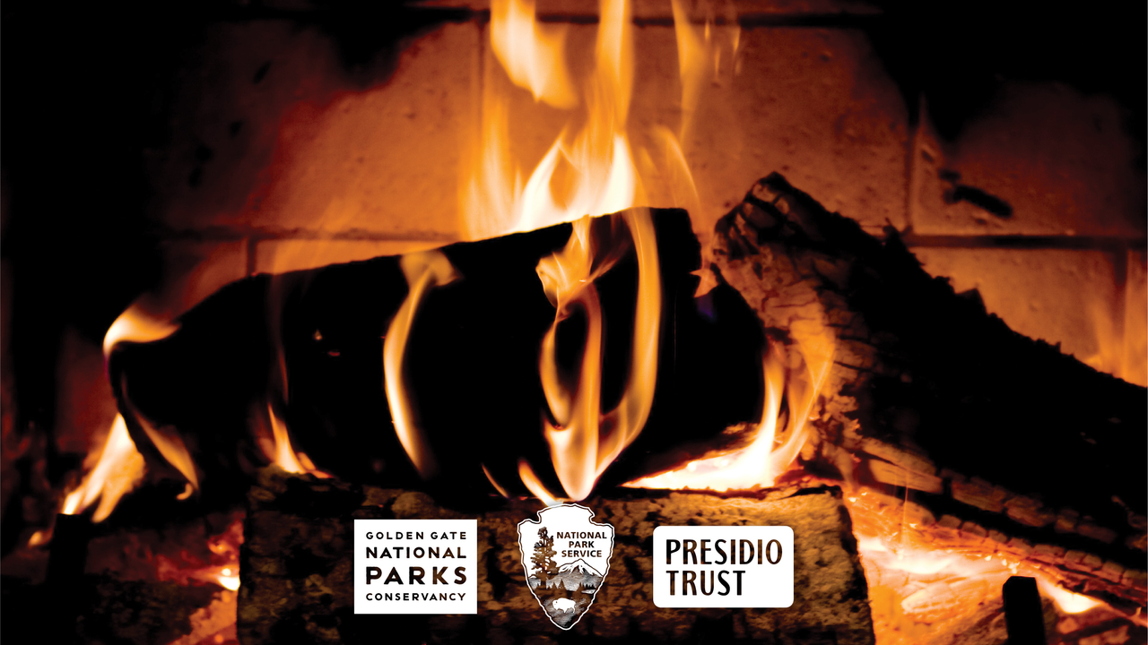 Fire place with Parks Conservancy, NPS and Presidio Trust logos