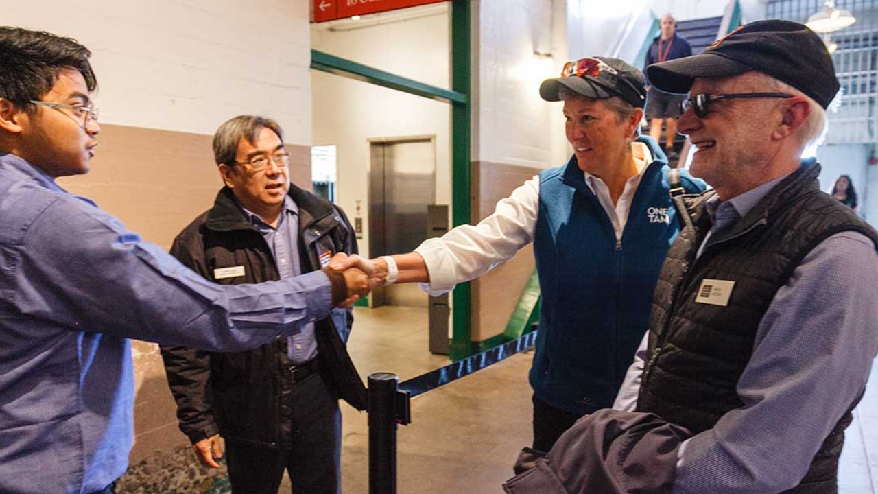 Incoming Golden Gate National Parks Conservancy President & CEO Christine Lehnertz meets with staff on Alcatraz Island.