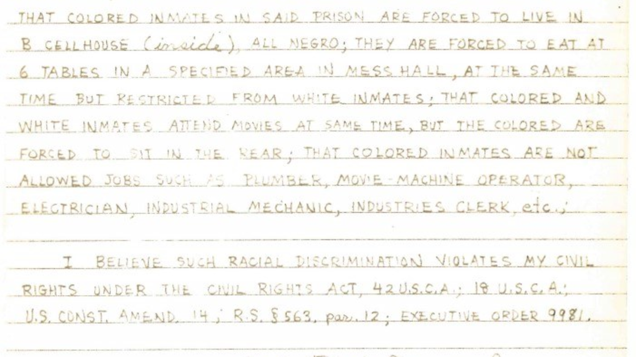 June 1960, Robert Lipscomb letter reporting discrimination to the Bureau of Prisons. National Archives and Records Administration A letter written by Robert Lipscomb, an incarcerated individual on Alcatraz, stating the facts of the racial segregation on the island.