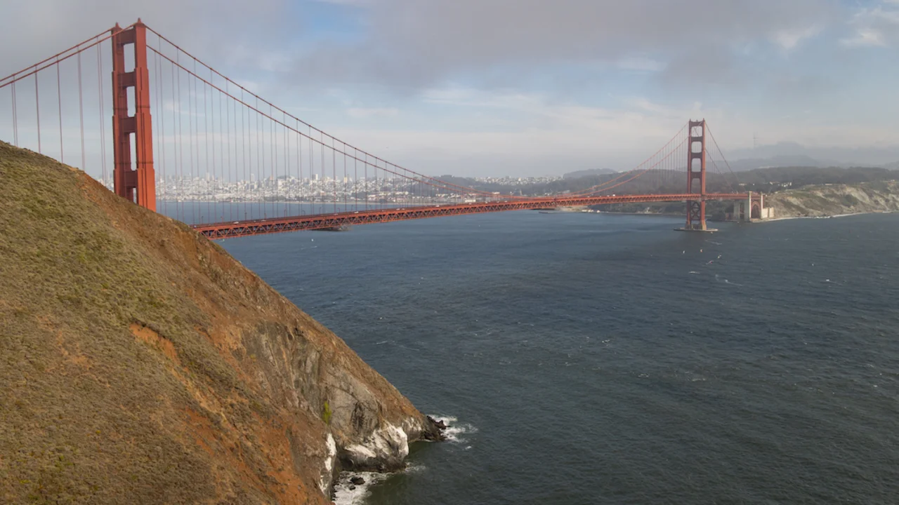 View of the Golden Gate Bridge from Kirby Cove Road in the Marin Headlands.