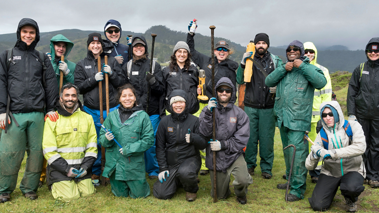 Parks Conservancy staff volunteer for a Park Day in the Marin Headlands A group photo of Parks Conservancy staff volunteers in the Marin Headlands.
