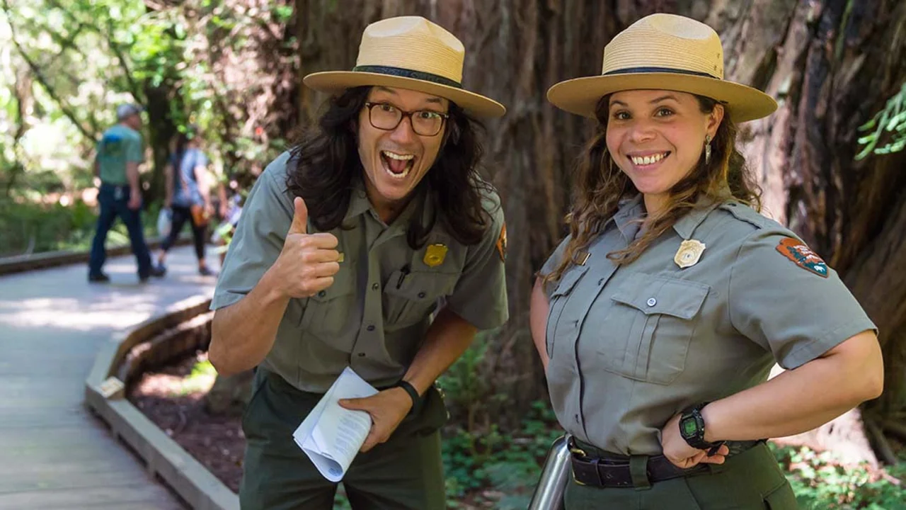 Park Rangers Takeo Kishi, left, and Jasmine Reinhardt at Muir Woods.