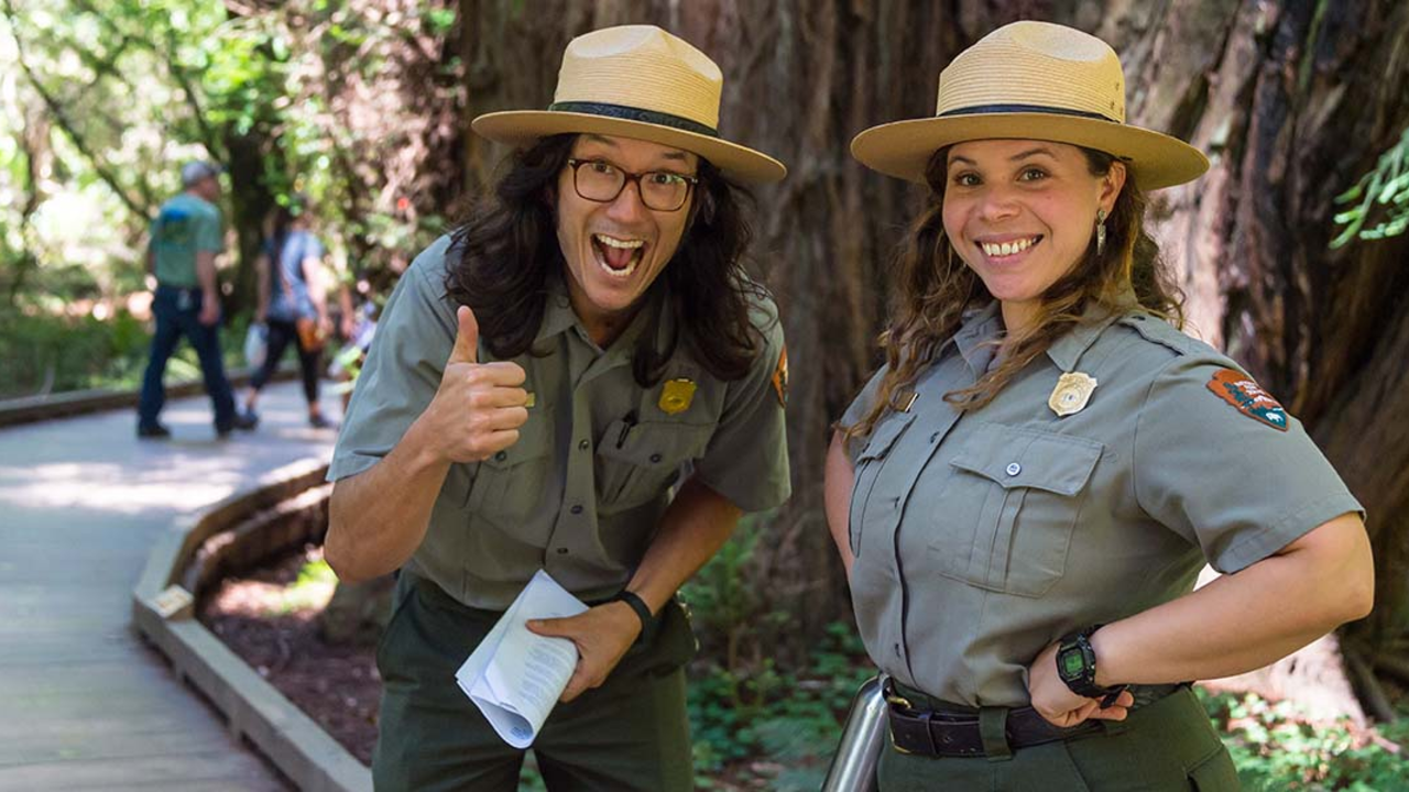 Park Rangers Takeo Kishi, left, and Jasmine Reinhardt at Muir Woods. Park Rangers Takeo Kishi, left, and Jasmine Reinhardt at Muir Woods.