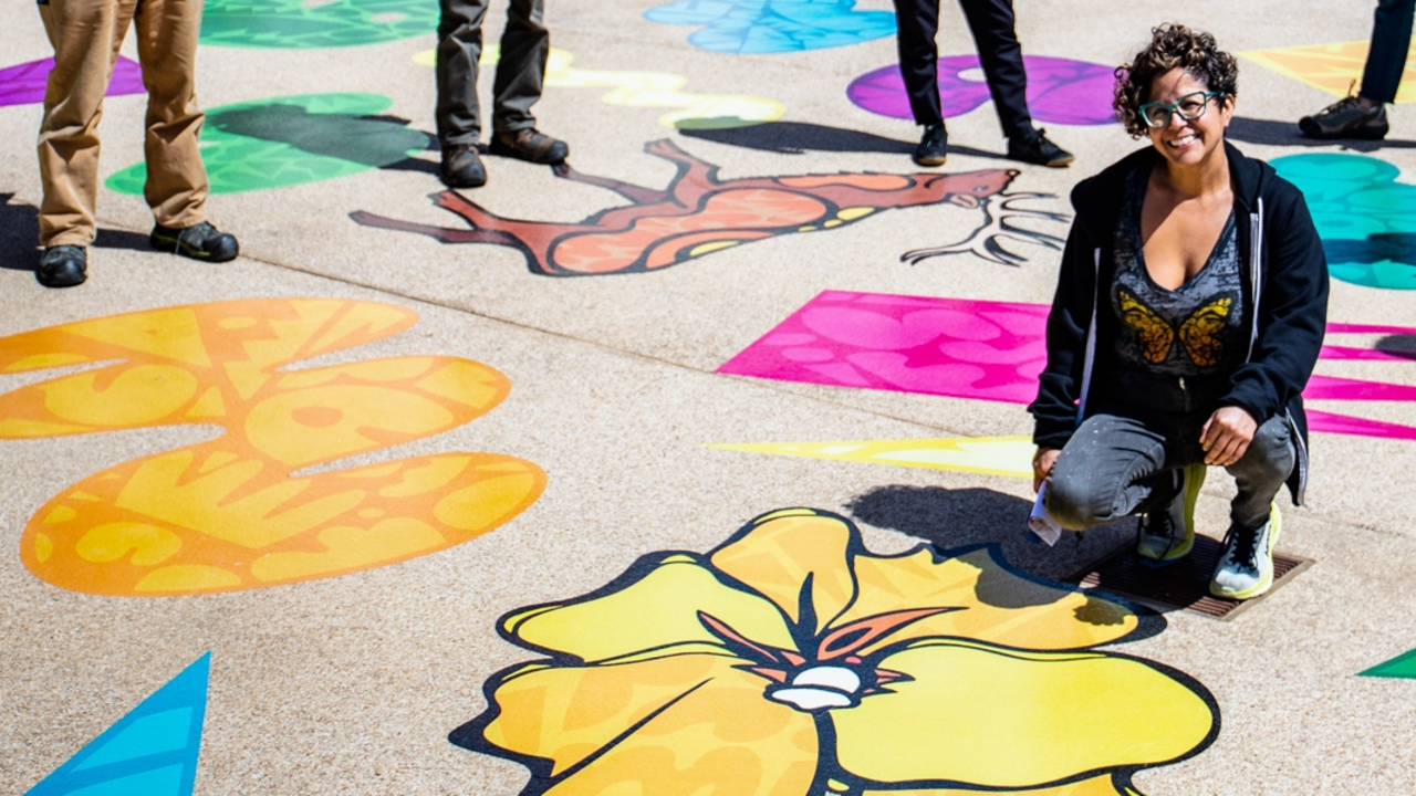"Ancestral Futurism: Looking Back to Repair the Future" art installation by Favianna Rodriguez