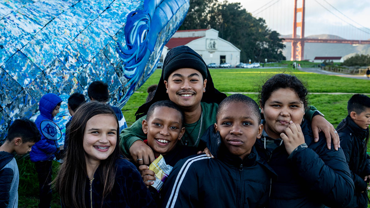 Up on Top program participants visit the Monterey Bay Aquarium's blue whale art installation at Crissy Field in November 2018. 